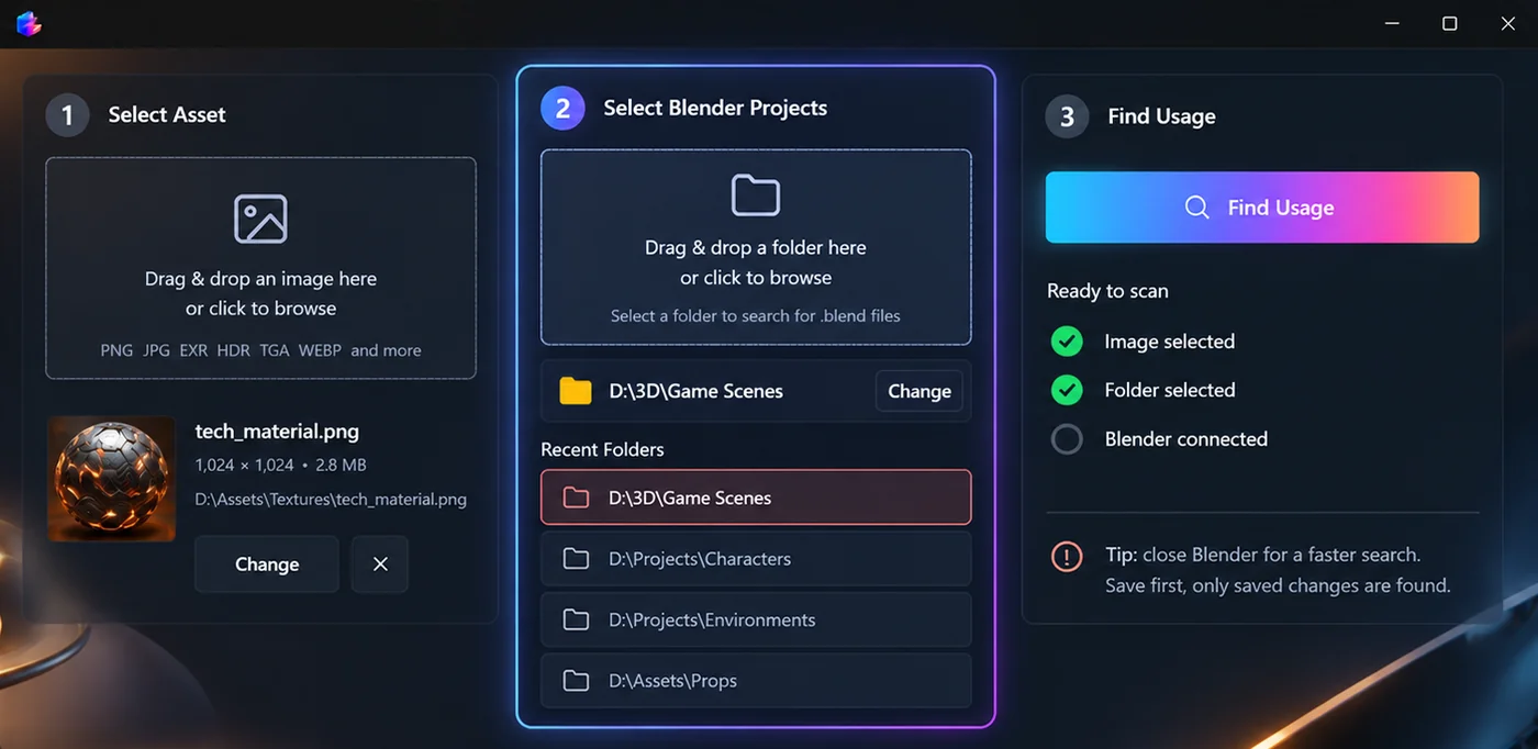 LinkedFiles step 1: select an asset to search for