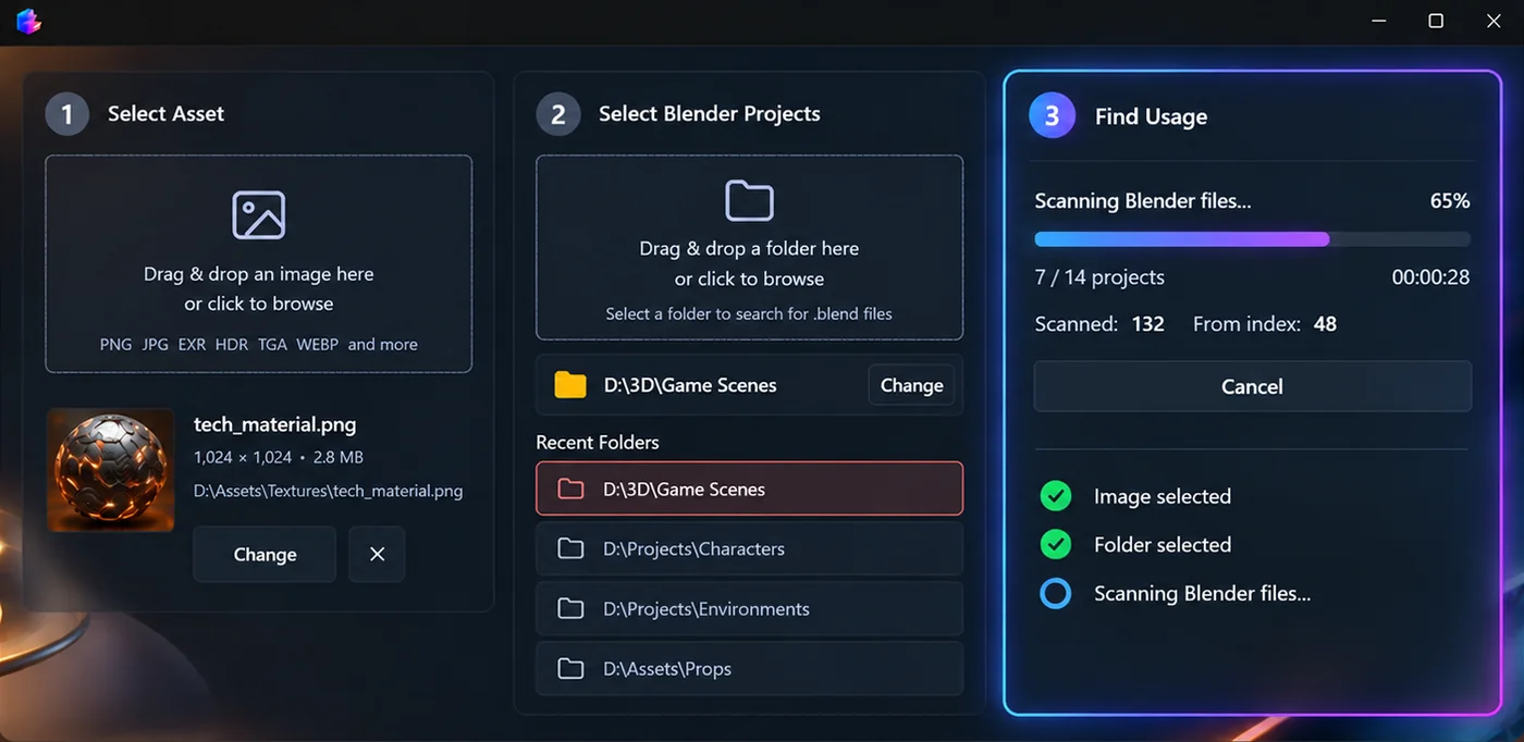 LinkedFiles step 2: select Blender projects and scan
