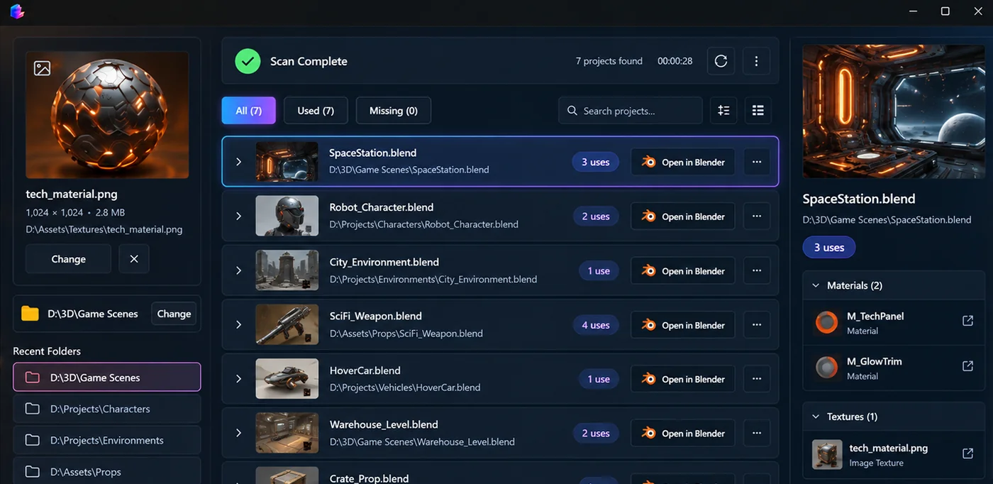 LinkedFiles step 3: view projects where the asset is used